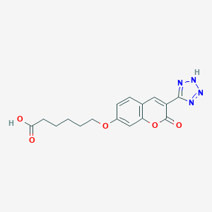 molecular formula C16H16N4O5 B010190 Hexanoic acid, 6-((2-oxo-3-(1H-tetrazol-5-yl)-2H-1-benzopyran-7-yl)oxy)- CAS No. 103876-52-4