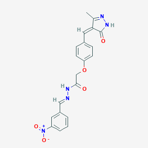 molecular formula C20H17N5O5 B010296 Acetic acid, (p-((3-methyl-5-oxo-2-pyrazolin-4-ylidene)methyl)phenoxy)-, (3-nitrobenzylidene)hydrazide CAS No. 107044-94-0