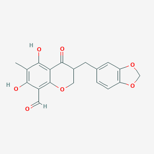 molecular formula C19H16O7 B104011 3-(1,3-Benzodioxol-5-ylmethyl)-5,7-dihydroxy-6-methyl-4-oxo-2,3-dihydrochromene-8-carbaldehyde CAS No. 477336-75-7