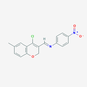 molecular formula C17H13ClN2O3 B010724 4-Chloro-6-methyl-3-(N-(4-nitrophenyl)iminomethyl)(2H)benzopyran CAS No. 110361-35-8