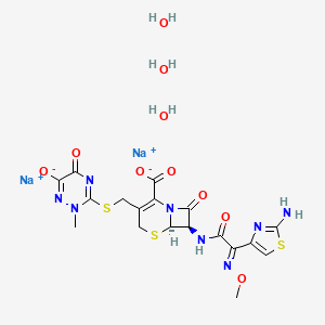 molecular formula C18H22N8Na2O10S3 B10753530 disodium;(6R,7R)-7-[[(2E)-2-(2-amino-1,3-thiazol-4-yl)-2-methoxyiminoacetyl]amino]-3-[(2-methyl-6-oxido-5-oxo-1,2,4-triazin-3-yl)sulfanylmethyl]-8-oxo-5-thia-1-azabicyclo[4.2.0]oct-2-ene-2-carboxylate;trihydrate 