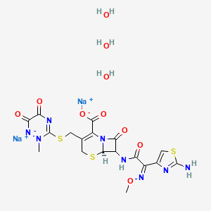 molecular formula C18H22N8Na2O10S3 B10753628 disodium;(6R)-7-[[(2Z)-2-(2-amino-1,3-thiazol-4-yl)-2-methoxyiminoacetyl]amino]-3-[(2-methyl-5,6-dioxo-2,4-diaza-1-azanidacyclohex-3-en-3-yl)sulfanylmethyl]-8-oxo-5-thia-1-azabicyclo[4.2.0]oct-2-ene-2-carboxylate;trihydrate 
