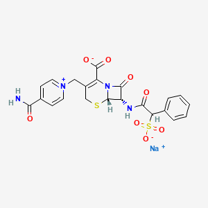 molecular formula C22H19N4NaO8S2 B10753727 sodium;(6S,7S)-3-[(4-carbamoylpyridin-1-ium-1-yl)methyl]-8-oxo-7-[(2-phenyl-2-sulfonatoacetyl)amino]-5-thia-1-azabicyclo[4.2.0]oct-2-ene-2-carboxylate 