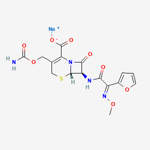molecular formula C16H15N4NaO8S B10753794 sodium;(6S,7R)-3-(carbamoyloxymethyl)-7-[[(2E)-2-(furan-2-yl)-2-methoxyiminoacetyl]amino]-8-oxo-5-thia-1-azabicyclo[4.2.0]oct-2-ene-2-carboxylate 