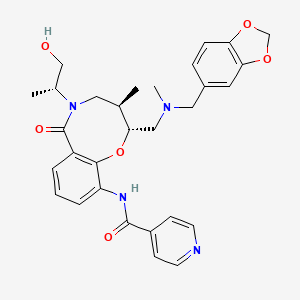 molecular formula C30H34N4O6 B10754722 N-[(2R,3R)-2-[[1,3-benzodioxol-5-ylmethyl(methyl)amino]methyl]-5-[(2R)-1-hydroxypropan-2-yl]-3-methyl-6-oxo-3,4-dihydro-2H-1,5-benzoxazocin-10-yl]pyridine-4-carboxamide 