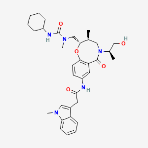molecular formula C34H45N5O5 B10754858 N-[(2S,3S)-2-[[[(cyclohexylamino)-oxomethyl]-methylamino]methyl]-5-[(2R)-1-hydroxypropan-2-yl]-3-methyl-6-oxo-3,4-dihydro-2H-1,5-benzoxazocin-8-yl]-2-(1-methyl-3-indolyl)acetamide 