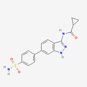 molecular formula C17H16N4O3S B10755576 N-[6-(4-sulfamoylphenyl)-1H-indazol-3-yl]cyclopropanecarboxamide 