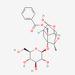 molecular formula C23H28O11 B10762070 [(1R,2S,3R,5R,6S,8R)-6-hydroxy-8-methyl-3-[(2S,3R,4S,5S,6R)-3,4,5-trihydroxy-6-(hydroxymethyl)oxan-2-yl]oxy-9,10-dioxatetracyclo[4.3.1.02,5.03,8]decan-2-yl]methyl benzoate 