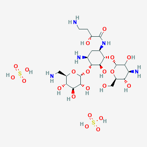 molecular formula C22H47N5O21S2 B10762169 (2R)-4-amino-N-[(1R,2S,3S,4R,5S)-5-amino-2-[(2S,4S,5S,6R)-4-amino-3,5-dihydroxy-6-(hydroxymethyl)oxan-2-yl]oxy-4-[(2R,3R,4S,5S,6R)-6-(aminomethyl)-3,4,5-trihydroxyoxan-2-yl]oxy-3-hydroxycyclohexyl]-2-hydroxybutanamide;sulfuric acid 