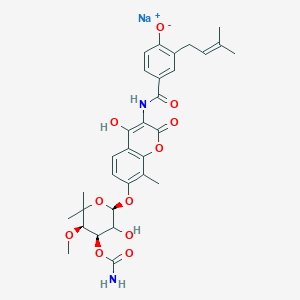 molecular formula C31H35N2NaO11 B10762551 sodium;4-[[7-[(2R,4R,5R)-4-carbamoyloxy-3-hydroxy-5-methoxy-6,6-dimethyloxan-2-yl]oxy-4-hydroxy-8-methyl-2-oxochromen-3-yl]carbamoyl]-2-(3-methylbut-2-enyl)phenolate 