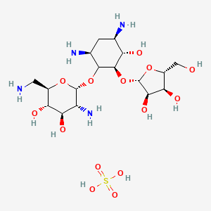 molecular formula C17H36N4O14S B10762677 (2R,3S,4R,5R,6R)-5-amino-2-(aminomethyl)-6-[(2R,3S,4R,6S)-4,6-diamino-2-[(2S,3R,4S,5R)-3,4-dihydroxy-5-(hydroxymethyl)oxolan-2-yl]oxy-3-hydroxycyclohexyl]oxyoxane-3,4-diol;sulfuric acid 