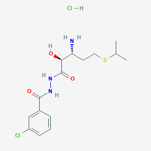 molecular formula C15H23Cl2N3O3S B10764277 N'-[(2S,3R)-3-amino-2-hydroxy-5-propan-2-ylsulfanylpentanoyl]-3-chlorobenzohydrazide;hydrochloride 