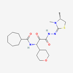 molecular formula C21H34N4O4S B10764311 N-[(1S)-3-[(2E)-2-[(4R)-3,4-dimethyl-1,3-thiazolidin-2-ylidene]hydrazinyl]-1-(oxan-4-yl)-2,3-dioxopropyl]cycloheptanecarboxamide 