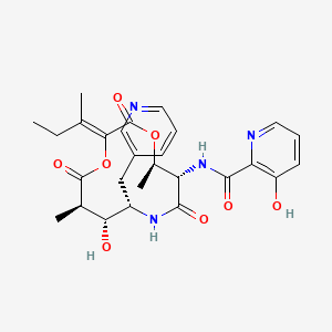 molecular formula C27H32N4O8 B10765494 N-[(2Z,5R,6S,9S,10R,11R)-2-butan-2-ylidene-10-hydroxy-5,11-dimethyl-3,7,12-trioxo-9-(pyridin-3-ylmethyl)-1,4-dioxa-8-azacyclododec-6-yl]-3-hydroxypyridine-2-carboxamide 