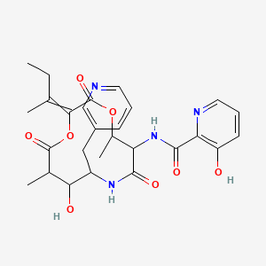 molecular formula C27H32N4O8 B10765543 N-[2-butan-2-ylidene-10-hydroxy-5,11-dimethyl-3,7,12-trioxo-9-(pyridin-3-ylmethyl)-1,4-dioxa-8-azacyclododec-6-yl]-3-hydroxypyridine-2-carboxamide 