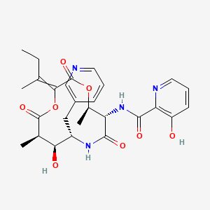 molecular formula C27H32N4O8 B10765610 N-[(5R,6S,9S,10S,11R)-2-butan-2-ylidene-10-hydroxy-5,11-dimethyl-3,7,12-trioxo-9-(pyridin-3-ylmethyl)-1,4-dioxa-8-azacyclododec-6-yl]-3-hydroxypyridine-2-carboxamide 