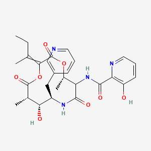 molecular formula C27H32N4O8 B10765640 N-[(5S,9R,10R,11S)-2-butan-2-ylidene-10-hydroxy-5,11-dimethyl-3,7,12-trioxo-9-(pyridin-3-ylmethyl)-1,4-dioxa-8-azacyclododec-6-yl]-3-hydroxypyridine-2-carboxamide 