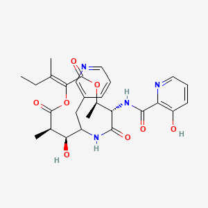 molecular formula C27H32N4O8 B10765701 N-[(2Z,5R,6S,10S,11R)-2-butan-2-ylidene-10-hydroxy-5,11-dimethyl-3,7,12-trioxo-9-(pyridin-3-ylmethyl)-1,4-dioxa-8-azacyclododec-6-yl]-3-hydroxypyridine-2-carboxamide 
