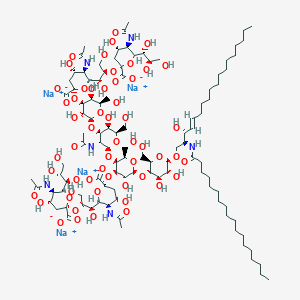 molecular formula C106H178N6Na4O55 B10765816 tetrasodium;(2S,4S,5R,6R)-5-acetamido-2-[(2R,3R,4S,5S,6R)-2-[(2S,3R,4R,5R,6R)-3-acetamido-2-[(2R,3S,4R,5R,6S)-4-[(2S,4S,5R,6R)-5-acetamido-6-[(1R,2R)-2-[(2S,4S,5R,6R)-5-acetamido-2-carboxylato-4-hydroxy-6-[(1R,2R)-1,2,3-trihydroxypropyl]oxan-2-yl]oxy-1,3-dihydroxypropyl]-2-carboxylato-4-hydroxyoxan-2-yl]oxy-6-[(2R,3S,4R,5R,6R)-4,5-dihydroxy-2-(hydroxymethyl)-6-[(E,2S,3R)-3-hydroxy-2-(octadecanoylamino)octadec-4-enoxy]oxan-3-yl]oxy-5-hydroxy-2-(hydroxymethyl)oxan-3-yl]oxy-5-hydroxy-6-(hydroxymethyl)oxan-4-yl]oxy-3,5-dihydroxy-6-(hydroxymethyl)oxan-4-yl]oxy-6-[(1R,2R)-2-[(2S,4S,5R,6R)-5-acetamido-2-carboxylato-4-hydroxy-6-[(1R,2R)-1,2,3-trihydroxypropyl]oxan-2-yl]oxy-1,3-dihydroxypropyl]-4-hydroxyoxane-2-carboxylate 