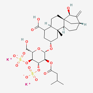 molecular formula C30H44K2O16S2 B10765940 dipotassium;[(2S,3S,4S,5S,6S)-2-[[(1R,4R,7R,9R,10S,13R,15S)-5-carboxy-15-hydroxy-9-methyl-14-methylidene-7-tetracyclo[11.2.1.01,10.04,9]hexadecanyl]oxy]-6-(hydroxymethyl)-3-(3-methylbutanoyloxy)-5-sulfonatooxyoxan-4-yl] sulfate 