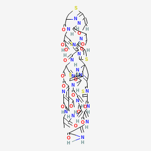 molecular formula C71H81N19O18S5 B10766091 N-[3-[(3-amino-3-oxoprop-1-en-2-yl)amino]-3-oxoprop-1-en-2-yl]-2-[(1R,11Z,15S,18S,25S,26R,35R,37S,46S,53S)-18-[(2S,3R)-2,3-dihydroxybutan-2-yl]-11-ethylidene-59-hydroxy-8-[(1R)-1-hydroxyethyl]-31-[(1S)-1-hydroxyethyl]-26,46-dimethyl-40,43-dimethylidene-6,9,16,23,28,38,41,44,47-nonaoxo-37-propan-2-yl-27-oxa-3,13,20,56-tetrathia-7,10,17,24,36,39,42,45,48,52,58,61,62,63,64-pentadecazanonacyclo[23.23.9.329,35.12,5.112,15.119,22.154,57.01,53.032,60]tetrahexaconta-2(64),4,12(63),19(62),21,29(61),30,32(60),33,51,54,57-dodecaen-51-yl]-1,3-thiazole-4-carboxamide 