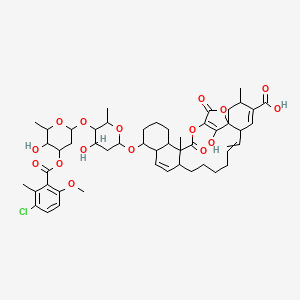 molecular formula C50H63ClO16 B10766158 17-[5-[4-(3-Chloro-6-methoxy-2-methylbenzoyl)oxy-5-hydroxy-6-methyloxan-2-yl]oxy-4-hydroxy-6-methyloxan-2-yl]oxy-28-hydroxy-3,22-dimethyl-23,26-dioxo-24,27-dioxapentacyclo[23.2.1.01,6.013,22.016,21]octacosa-4,7,14,25(28)-tetraene-4-carboxylic acid 
