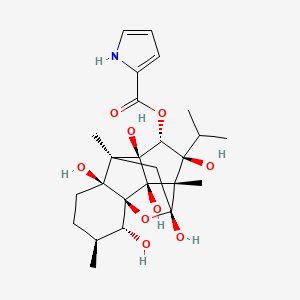 molecular formula C25H35NO9 B10766483 [(1S,2R,3S,6S,7S,9R,10S,11S,12R,13S,14R)-2,6,9,11,13,14-Hexahydroxy-3,7,10-trimethyl-11-propan-2-yl-15-oxapentacyclo[7.5.1.01,6.07,13.010,14]pentadecan-12-yl] 1H-pyrrole-2-carboxylate 