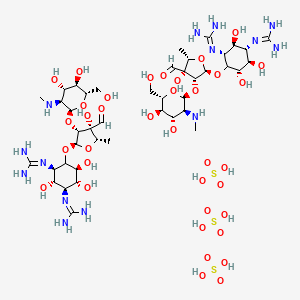molecular formula C42H84N14O36S3 B10768992 2-[(1S,2S,3R,5S,6R)-3-(diaminomethylideneamino)-4-[(2R,3R,4R,5S)-3-[(2S,3S,4S,5R,6S)-4,5-dihydroxy-6-(hydroxymethyl)-3-(methylamino)oxan-2-yl]oxy-4-formyl-4-hydroxy-5-methyloxolan-2-yl]oxy-2,5,6-trihydroxycyclohexyl]guanidine;sulfuric acid 