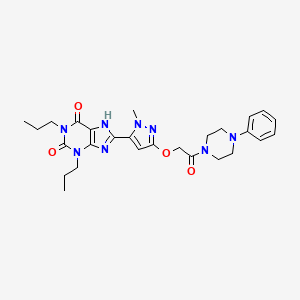 molecular formula C27H34N8O4 B10770507 8-{2-Methyl-5-[2-oxo-2-(4-phenyl-piperazin-1-yl)-ethoxy]-2H-pyrazol-3-yl}-1,3-dipropyl-3,7-dihydro-purine-2,6-dione 