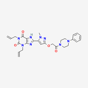 molecular formula C27H30N8O4 B10772632 (8Z)-8-[2-methyl-5-[2-oxo-2-(4-phenylpiperazin-1-yl)ethoxy]-1H-pyrazol-3-ylidene]-1,3-di(prop-2-enyl)purine-2,6-dione 