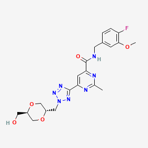 molecular formula C21H24FN7O5 B10773194 N-[(4-fluoro-3-methoxyphenyl)methyl]-6-[2-[[(2S,5R)-5-(hydroxymethyl)-1,4-dioxan-2-yl]methyl]tetrazol-5-yl]-2-methylpyrimidine-4-carboxamide 
