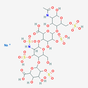 molecular formula C26H42N2NaO37S5+ B10774766 Sodium;6-[6-[6-[5-acetamido-4,6-dihydroxy-2-(sulfooxymethyl)oxan-3-yl]oxy-2-carboxy-4-hydroxy-5-sulfooxyoxan-3-yl]oxy-2-(hydroxymethyl)-5-(sulfoamino)-4-sulfooxyoxan-3-yl]oxy-3,4-dihydroxy-5-sulfooxyoxane-2-carboxylic acid 