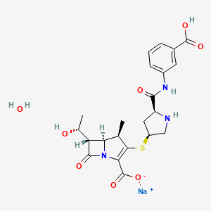 molecular formula C22H26N3NaO8S B10774888 sodium;(4R,5S,6S)-3-[(3S,5S)-5-[(3-carboxyphenyl)carbamoyl]pyrrolidin-3-yl]sulfanyl-6-[(1R)-1-hydroxyethyl]-4-methyl-7-oxo-1-azabicyclo[3.2.0]hept-2-ene-2-carboxylate;hydrate 