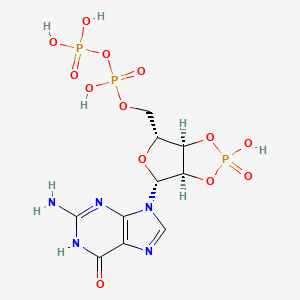 molecular formula C10H14N5O13P3 B10777530 [(3aR,4R,6R,6aR)-4-(2-amino-6-oxo-1H-purin-9-yl)-2-hydroxy-2-oxo-3a,4,6,6a-tetrahydrofuro[3,4-d][1,3,2]dioxaphosphol-6-yl]methyl phosphono hydrogen phosphate 
