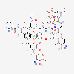 molecular formula C73H89ClN10O26 B10780992 2-(4-Amino-5-hydroxy-4,6-dimethyloxan-2-yl)oxy-48-[3-(4-amino-5-hydroxy-4,6-dimethyloxan-2-yl)oxy-4,5-dihydroxy-6-(hydroxymethyl)oxan-2-yl]oxy-22-(2-amino-2-oxoethyl)-15-chloro-18,32,35,37-tetrahydroxy-19-[[4-methyl-2-(methylamino)pentanoyl]amino]-20,23,26,42,44-pentaoxo-7,13-dioxa-21,24,27,41,43-pentazaoctacyclo[26.14.2.23,6.214,17.18,12.129,33.010,25.034,39]pentaconta-3(50),4,6(49),8(48),9,11,14,16,29(45),30,32,34(39),35,37,46-pentadecaene-40-carboxylic acid 