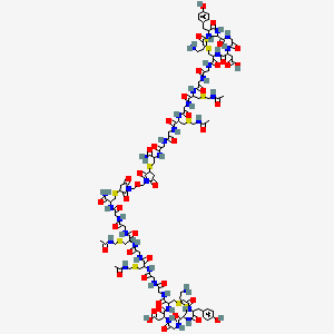 molecular formula C112H162N36O43S10 B10781371 2-[3-[[2-[[2-[[3-(Acetamidomethylsulfanyl)-1-[[2-[[3-(acetamidomethylsulfanyl)-1-[[2-[[2-[[3-[1-[[3-[2-[[2-[[2-[[3-(acetamidomethylsulfanyl)-2-[[2-[[3-(acetamidomethylsulfanyl)-2-[[2-[[2-[[12-(3-aminopropylsulfanylmethyl)-6-(carboxymethyl)-15-[(4-hydroxyphenyl)methyl]-5,8,11,14,17-pentaoxo-1-thia-4,7,10,13,16-pentazacyclooctadecane-3-carbonyl]amino]acetyl]amino]acetyl]amino]propanoyl]amino]acetyl]amino]propanoyl]amino]acetyl]amino]acetyl]amino]-3-amino-3-oxopropyl]sulfanyl-2,5-dioxopyrrolidin-1-yl]methoxymethyl]-2,5-dioxopyrrolidin-3-yl]sulfanyl-1-amino-1-oxopropan-2-yl]amino]-2-oxoethyl]amino]-2-oxoethyl]amino]-1-oxopropan-2-yl]amino]-2-oxoethyl]amino]-1-oxopropan-2-yl]amino]-2-oxoethyl]amino]-2-oxoethyl]carbamoyl]-12-(3-aminopropylsulfanylmethyl)-15-[(4-hydroxyphenyl)methyl]-5,8,11,14,17-pentaoxo-1-thia-4,7,10,13,16-pentazacyclooctadec-6-yl]acetic acid 