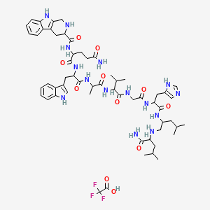 molecular formula C58H80F3N15O11 B10782096 N-[1-[[1-[[1-[[2-[[1-[[1-[(1-amino-4-methyl-1-oxopentan-2-yl)amino]-4-methylpentan-2-yl]amino]-3-(1H-imidazol-5-yl)-1-oxopropan-2-yl]amino]-2-oxoethyl]amino]-3-methyl-1-oxobutan-2-yl]amino]-1-oxopropan-2-yl]amino]-3-(1H-indol-3-yl)-1-oxopropan-2-yl]-2-(2,3,4,9-tetrahydro-1H-pyrido[3,4-b]indole-3-carbonylamino)pentanediamide;2,2,2-trifluoroacetic acid 