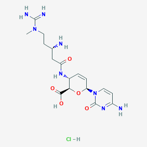 molecular formula C17H27ClN8O5 B10783885 (2R,3R,6S)-3-[[(3S)-3-amino-5-[carbamimidoyl(methyl)amino]pentanoyl]amino]-6-(4-amino-2-oxopyrimidin-1-yl)-3,6-dihydro-2H-pyran-2-carboxylic acid;hydrochloride 