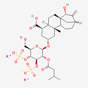 molecular formula C30H44K2O16S2 B10785740 dipotassium;[(2R,3R,4R,5R,6R)-2-[[(1R,4R,5R,7R,9R,13R,15R)-5-carboxy-15-hydroxy-9-methyl-14-methylidene-7-tetracyclo[11.2.1.01,10.04,9]hexadecanyl]oxy]-6-(hydroxymethyl)-3-(3-methylbutanoyloxy)-5-sulfonatooxyoxan-4-yl] sulfate 