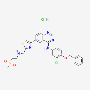 molecular formula C28H27Cl2N5O3S2 B10786603 N-(3-chloro-4-phenylmethoxyphenyl)-6-[2-[(2-methylsulfonylethylamino)methyl]-1,3-thiazol-4-yl]quinazolin-4-amine;hydrochloride 
