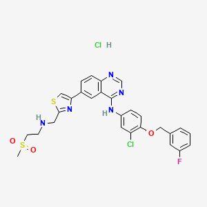 molecular formula C28H26Cl2FN5O3S2 B10786620 N-(3-Chloro-4-((3-fluorobenzyl)oxy)phenyl)-6-(2-(((2-(methylsulfonyl)ethyl)amino)methyl)thiazol-4-yl)quinazolin-4-amine hydrochloride 