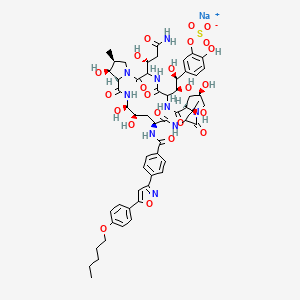 molecular formula C56H70N9NaO23S B10789429 sodium;[5-[(1S,2S)-2-[(9S,11R,18S,20R,21R,24S,25S,26S)-3-[(1R)-3-amino-1-hydroxy-3-oxopropyl]-11,20,21,25-tetrahydroxy-15-[(1R)-1-hydroxyethyl]-26-methyl-2,5,8,14,17,23-hexaoxo-18-[[4-[5-(4-pentoxyphenyl)-1,2-oxazol-3-yl]benzoyl]amino]-1,4,7,13,16,22-hexazatricyclo[22.3.0.09,13]heptacosan-6-yl]-1,2-dihydroxyethyl]-2-hydroxyphenyl] sulfate 