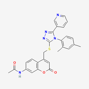 molecular formula C27H23N5O3S B10816719 N-(4-(((4-(2,4-Dimethylphenyl)-5-(pyridin-3-yl)-4H-1,2,4-triazol-3-yl)thio)methyl)-2-oxo-2H-chromen-7-yl)acetamide 