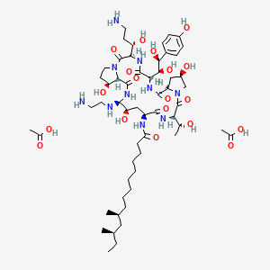 molecular formula C56H96N10O19 B10819535 acetic acid;(10S,12R)-N-[(3R,6S,9S,11R,15S,18S,20R,21S,24S,25S)-21-(2-aminoethylamino)-3-[(1S)-3-amino-1-hydroxypropyl]-6-[(1S,2S)-1,2-dihydroxy-2-(4-hydroxyphenyl)ethyl]-11,20,25-trihydroxy-15-[(1R)-1-hydroxyethyl]-2,5,8,14,17,23-hexaoxo-1,4,7,13,16,22-hexazatricyclo[22.3.0.09,13]heptacosan-18-yl]-10,12-dimethyltetradecanamide 