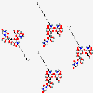 molecular formula C154H268N16O64 B10820079 N-[(2S,3R,4R,5R,6R)-2-[(2R,3R,4R,5S,6R)-3-acetamido-4,5-dihydroxy-6-(hydroxymethyl)oxan-2-yl]oxy-6-[(2R)-2-[(2R,3S,4R,5R)-5-(2,4-dioxo-1,3-diazinan-1-yl)-3,4-dihydroxyoxolan-2-yl]-2-hydroxyethyl]-4,5-dihydroxyoxan-3-yl]-15-methylhexadecanamide;N-[(2S,3R,4R,5R,6R)-2-[(2R,3R,4R,5S,6R)-3-acetamido-4,5-dihydroxy-6-(hydroxymethyl)oxan-2-yl]oxy-6-[(2R)-2-[(2R,3S,4R,5R)-5-(2,4-dioxo-1,3-diazinan-1-yl)-3,4-dihydroxyoxolan-2-yl]-2-hydroxyethyl]-4,5-dihydroxyoxan-3-yl]-14-methylpentadecanamide;N-[(2S,3R,4R,5R,6R)-2-[(2R,3R,4R,5S,6R)-3-acetamido-4,5-dihydroxy-6-(hydroxymethyl)oxan-2-yl]oxy-6-[(2R)-2-[(2R,3S,4R,5R)-5-(2,4-dioxo-1,3-diazinan-1-yl)-3,4-dihydroxyoxolan-2-yl]-2-hydroxyethyl]-4,5-dihydroxyoxan-3-yl]-13-methyltetradecanamide;N-[(2S,3R,4R,5R,6R)-2-[(2R,3R,4R,5S,6R)-3-acetamido-4,5-dihydroxy-6-(hydroxymethyl)oxan-2-yl]oxy-6-[(2R)-2-[(2R,3S,4R,5R)-5-(2,4-dioxo-1,3-diazinan-1-yl)-3,4-dihydroxyoxolan-2-yl]-2-hydroxyethyl]-4,5-dihydroxyoxan-3-yl]-12-methyltridecanamide 