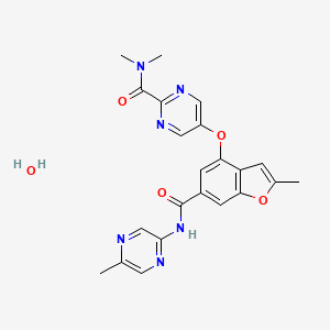 molecular formula C22H22N6O5 B10820322 N,N-dimethyl-5-[[2-methyl-6-[(5-methylpyrazin-2-yl)carbamoyl]-1-benzofuran-4-yl]oxy]pyrimidine-2-carboxamide;hydrate 