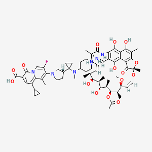 molecular formula C65H81FN6O15 B10821117 8-[(3R)-3-[1-[[1-[(E)-[(7S,9Z,11S,12R,13S,14R,15R,16R,17S,18S,19Z,21Z)-13-acetyloxy-2,15,17,27,29-pentahydroxy-11-methoxy-3,7,12,14,16,18,22-heptamethyl-6,23-dioxo-8,30-dioxa-24-azatetracyclo[23.3.1.14,7.05,28]triaconta-1(29),2,4,9,19,21,25,27-octaen-26-yl]methylideneamino]piperidin-4-yl]-methylamino]cyclopropyl]pyrrolidin-1-yl]-1-cyclopropyl-7-fluoro-9-methyl-4-oxoquinolizine-3-carboxylic acid 