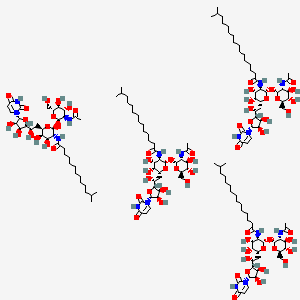molecular formula C154H260N16O64 B10821242 N-[(2S,3R,4R,5R,6R)-2-[(2R,3R,4R,5S,6R)-3-acetamido-4,5-dihydroxy-6-(hydroxymethyl)oxan-2-yl]oxy-6-[(2R)-2-[(2R,3S,4R,5R)-5-(2,4-dioxopyrimidin-1-yl)-3,4-dihydroxyoxolan-2-yl]-2-hydroxyethyl]-4,5-dihydroxyoxan-3-yl]-15-methylhexadecanamide;N-[(2S,3R,4R,5R,6R)-2-[(2R,3R,4R,5S,6R)-3-acetamido-4,5-dihydroxy-6-(hydroxymethyl)oxan-2-yl]oxy-6-[(2R)-2-[(2R,3S,4R,5R)-5-(2,4-dioxopyrimidin-1-yl)-3,4-dihydroxyoxolan-2-yl]-2-hydroxyethyl]-4,5-dihydroxyoxan-3-yl]-14-methylpentadecanamide;N-[(2S,3R,4R,5R,6R)-2-[(2R,3R,4R,5S,6R)-3-acetamido-4,5-dihydroxy-6-(hydroxymethyl)oxan-2-yl]oxy-6-[(2R)-2-[(2R,3S,4R,5R)-5-(2,4-dioxopyrimidin-1-yl)-3,4-dihydroxyoxolan-2-yl]-2-hydroxyethyl]-4,5-dihydroxyoxan-3-yl]-13-methyltetradecanamide;N-[(2S,3R,4R,5R,6R)-2-[(2R,3R,4R,5S,6R)-3-acetamido-4,5-dihydroxy-6-(hydroxymethyl)oxan-2-yl]oxy-6-[(2R)-2-[(2R,3S,4R,5R)-5-(2,4-dioxopyrimidin-1-yl)-3,4-dihydroxyoxolan-2-yl]-2-hydroxyethyl]-4,5-dihydroxyoxan-3-yl]-12-methyltridecanamide 