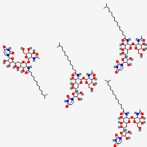 molecular formula C154H260N16O64 B10821291 N-[2-[3-acetamido-4,5-dihydroxy-6-(hydroxymethyl)oxan-2-yl]oxy-6-[2-[5-(2,4-dioxopyrimidin-1-yl)-3,4-dihydroxyoxolan-2-yl]-2-hydroxyethyl]-4,5-dihydroxyoxan-3-yl]-15-methylhexadecanamide;N-[2-[3-acetamido-4,5-dihydroxy-6-(hydroxymethyl)oxan-2-yl]oxy-6-[2-[5-(2,4-dioxopyrimidin-1-yl)-3,4-dihydroxyoxolan-2-yl]-2-hydroxyethyl]-4,5-dihydroxyoxan-3-yl]-14-methylpentadecanamide;N-[2-[3-acetamido-4,5-dihydroxy-6-(hydroxymethyl)oxan-2-yl]oxy-6-[2-[5-(2,4-dioxopyrimidin-1-yl)-3,4-dihydroxyoxolan-2-yl]-2-hydroxyethyl]-4,5-dihydroxyoxan-3-yl]-13-methyltetradecanamide;N-[2-[3-acetamido-4,5-dihydroxy-6-(hydroxymethyl)oxan-2-yl]oxy-6-[2-[5-(2,4-dioxopyrimidin-1-yl)-3,4-dihydroxyoxolan-2-yl]-2-hydroxyethyl]-4,5-dihydroxyoxan-3-yl]-12-methyltridecanamide 