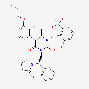 molecular formula C33H29F6N3O4 B10821475 5-[2-fluoro-3-(2-fluoroethoxy)phenyl]-1-[[2-fluoro-6-(trifluoromethyl)phenyl]methyl]-6-methyl-3-[(2R)-2-(2-oxopyrrolidin-1-yl)-2-phenylethyl]pyrimidine-2,4-dione 